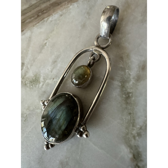 Lg Vtg Sterling Silver 925 2.5” Pendant Labradorite Iridescent Blue Gray Flash - Picture 8 of 10